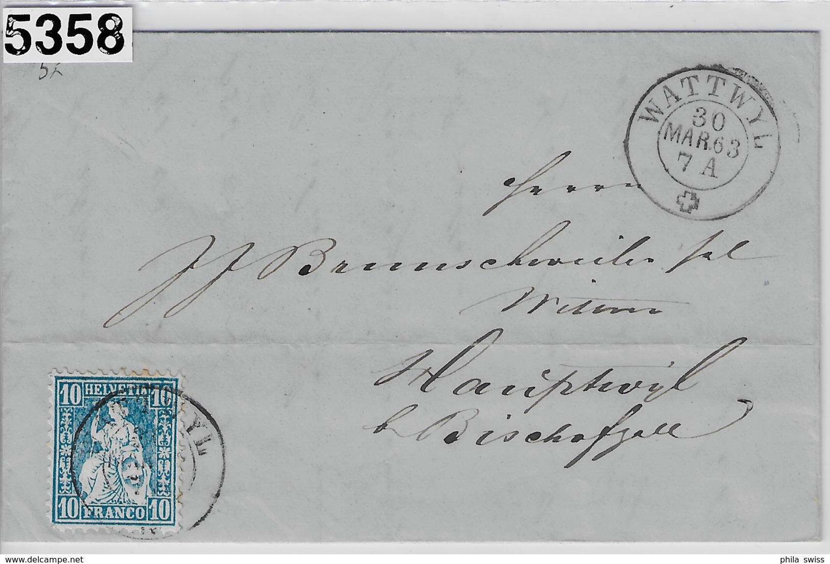 1863 Helvetia 31/23 Wattwyl Via Bahnpost Zürich-St. Gallen, Gossau To Hauptwil 30. Mar 63 - Lettres & Documents