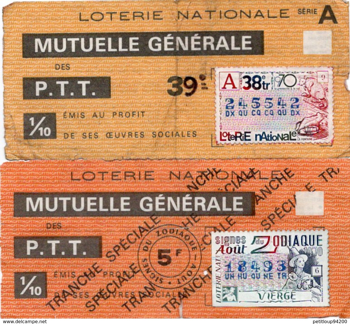 2 BILLETS DE LOTERIE MUTUELLE GENERALE DES P.T.T. 1970 - Billets De Loterie