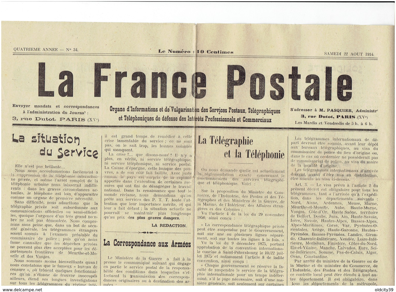 La FRANCE POSTALE Du 22 Aout 1914 - La Correspondances Aux Armées - Autres & Non Classés