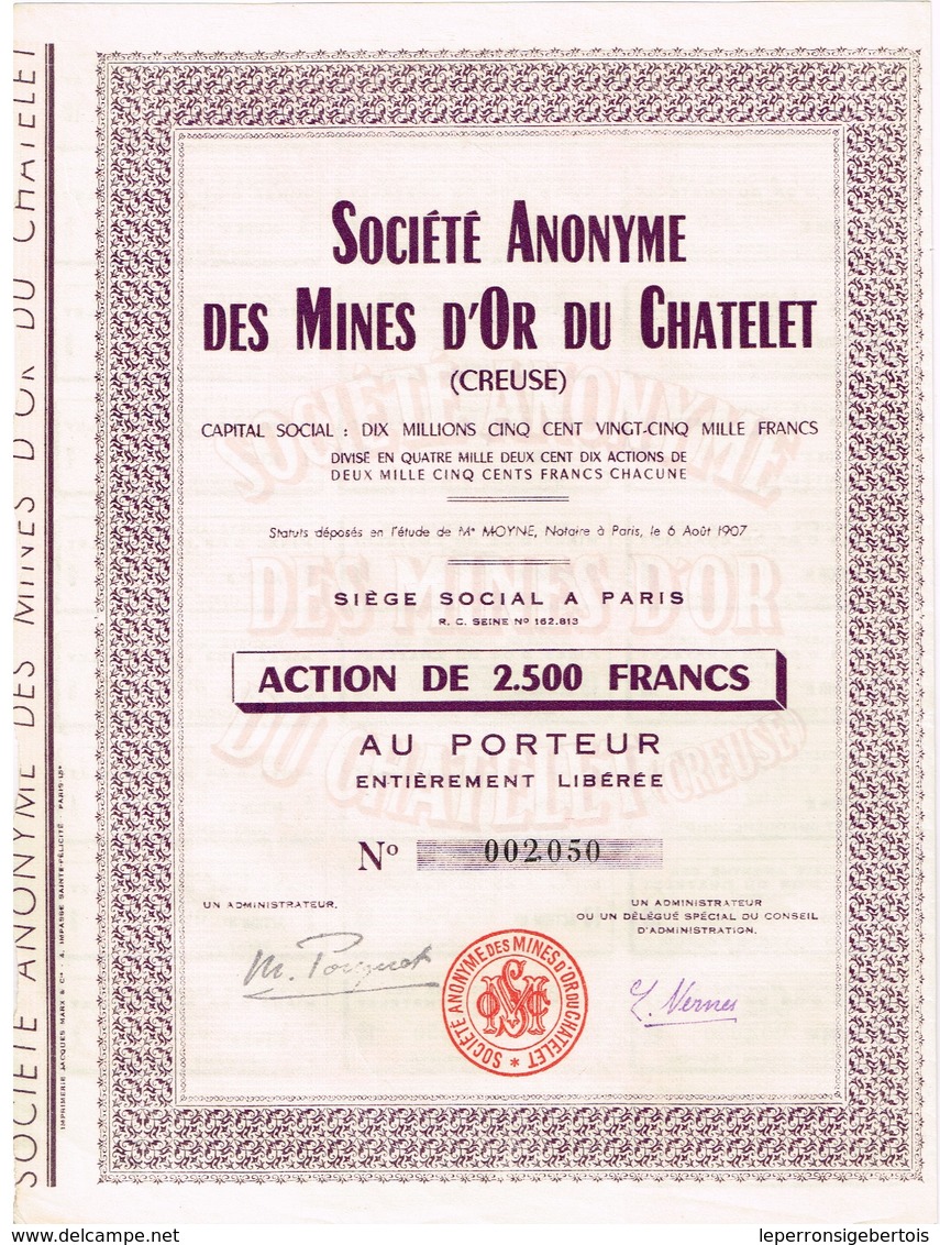 Ancienne Action - Société Anonyme Des Mines D'Or Du Chatelet (dans La Creuse) -  Titre De 1907 - - Mines