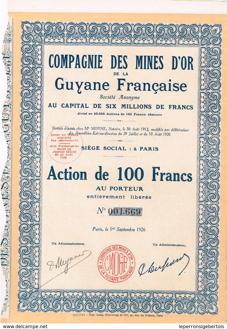 Ancienne Action - Compagnie Des Mines D'Or De La Guyane Française -  Titre De 1926 - - Mineral