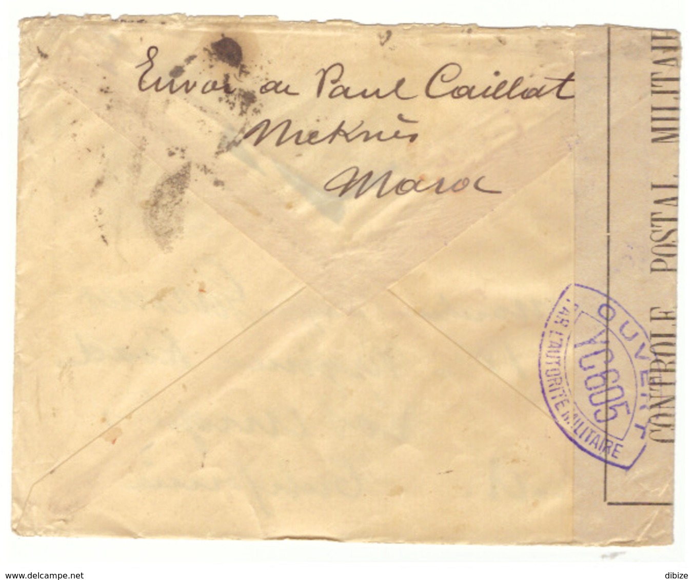 Marcophilie Maroc Lettre Avec 2 Timbres Maroc Protectorat Et 4 Cachets De Meknes Et Censure Militaire - Lettres & Documents