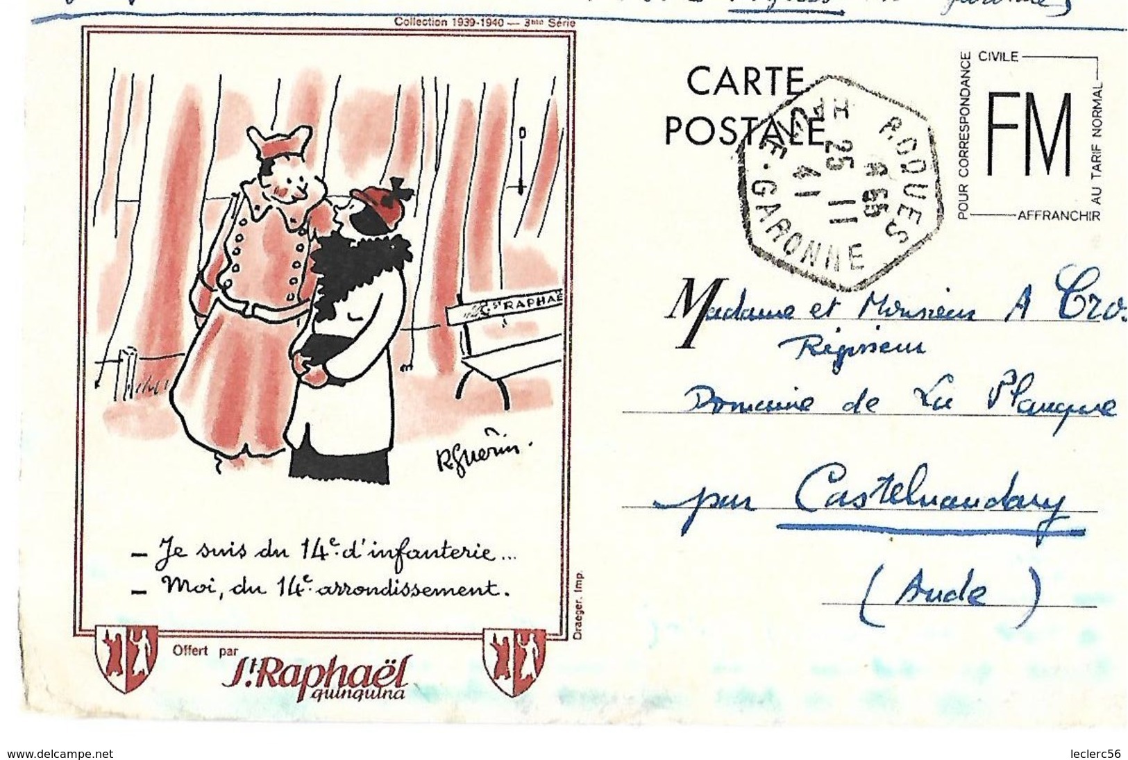 1942 WW2 CARTE POSTALE FM DESSIN ILLUSTRATEUR GUERIN PUBLICITE ST RAPHAEL QUINQUINA CPA Format Cpm 2 SCANS - Advertising