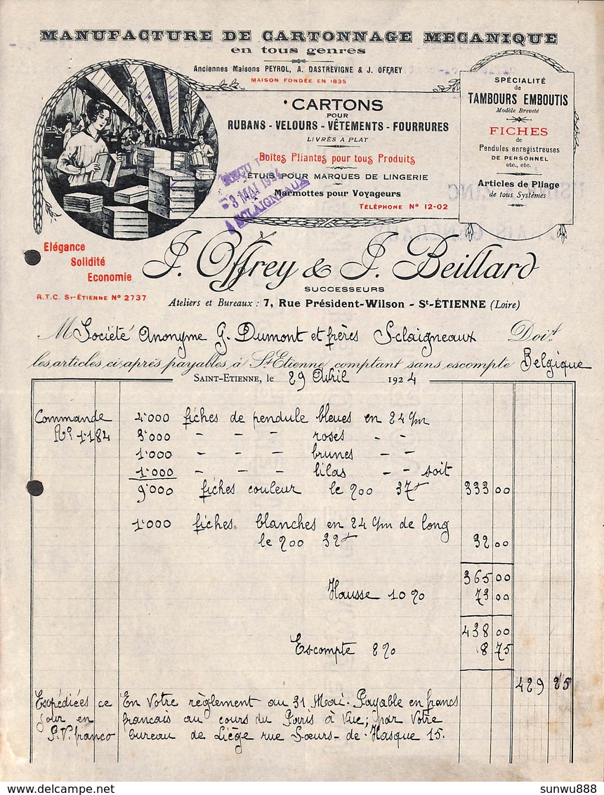 St Etienne (Loire) Manufacture De Cartonnage Mécanique J Offrey & Beillard 1924 (superbement Illustrée) - 1900 – 1949
