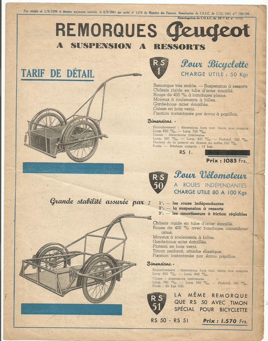 Doc Remorques Peugeot A Suspensions A Ressorts 1941 Cycles Peugeot - Autres & Non Classés