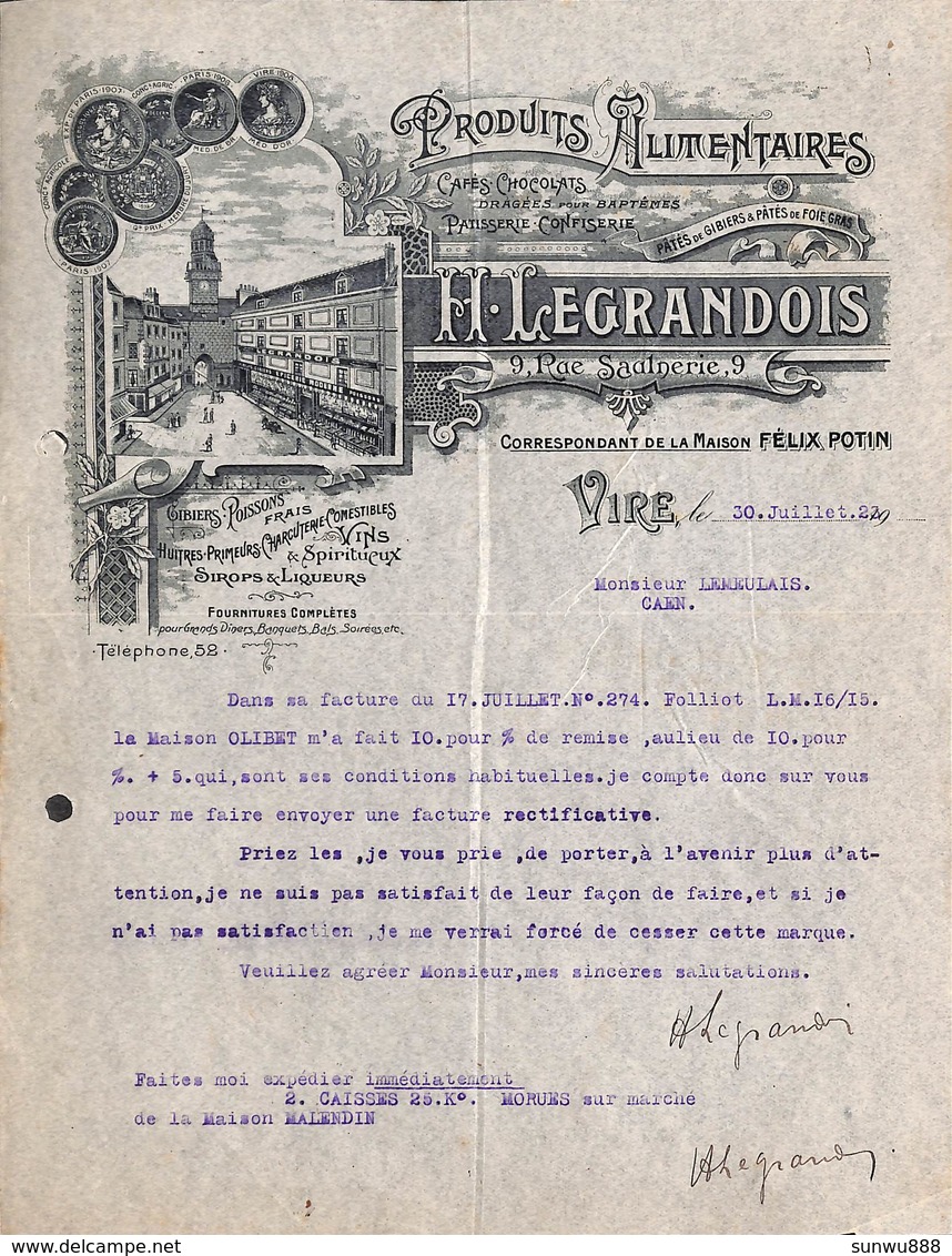 Proguits Alimentaires (correspondant Félix Potin) H. Legrandois à Vire (Calvados)1927 (illustrée Avec Porte-Horloge)) - 1900 – 1949