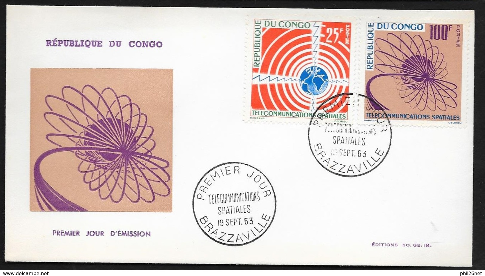 Congo  FDC  Lettre Illustrée Premier Jour Brazzaville Le 19/09/1963 Les N°154 Et 155 Télécommunications Spatiales TB - FDC