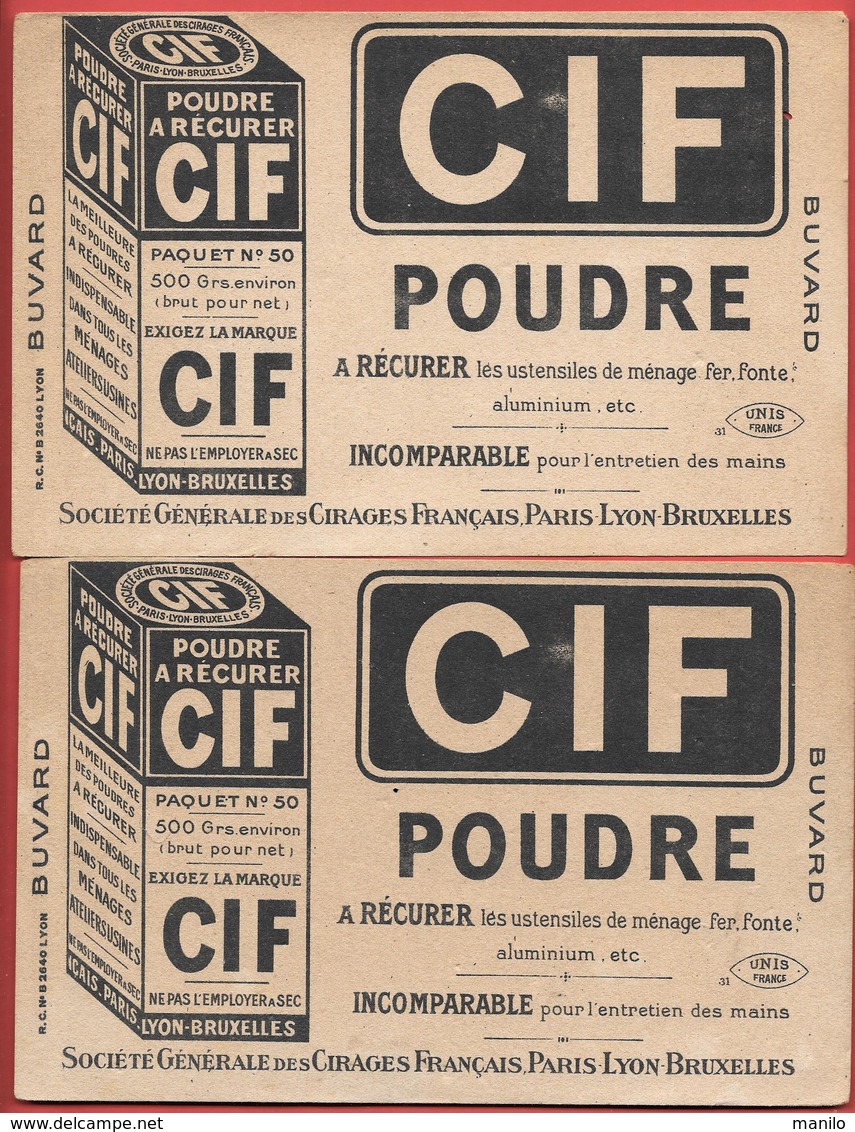 2 Buvards Anciens Produits Ménagers : CIF Poudre à Récurer -UNIS FRANCE - Sté Des Cirages Français -PARIS-LYON-BRUXELLES - Pulizia