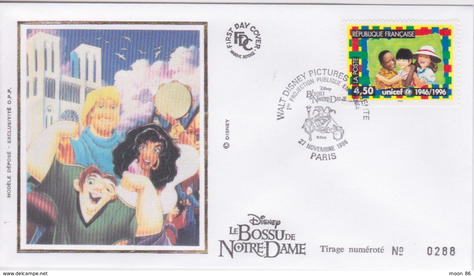 FDC - ENVELOPPE 1ER JOUR EN SOIE - WALT DISNEY PICTURE - 1ER PROJECTION PUBLIQUE  LE BOSSU DE NOTRE DAME - 1990-1999