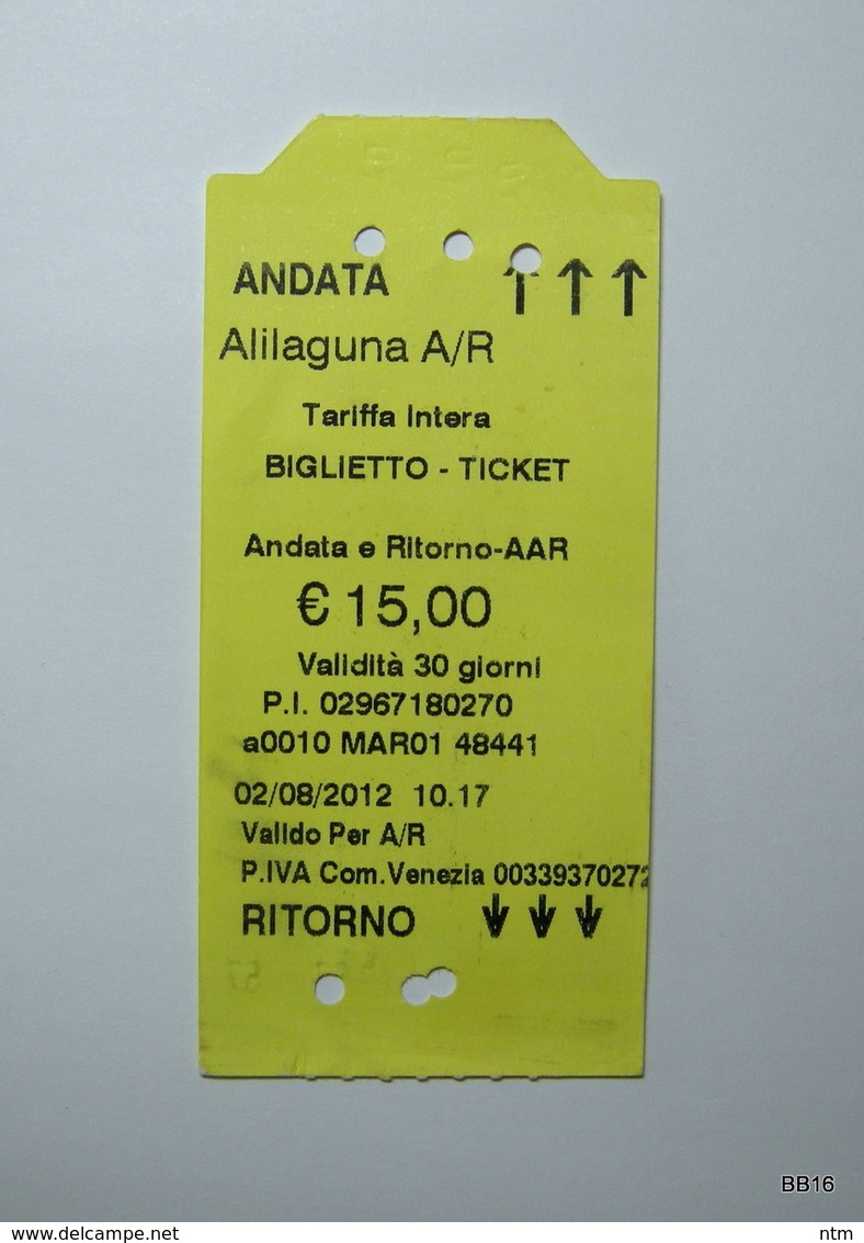 ITALY 2012. Return Tickets For Public Transport. Issueing Office: Alilaguna Srl. San Marco, Venezia. - Europa