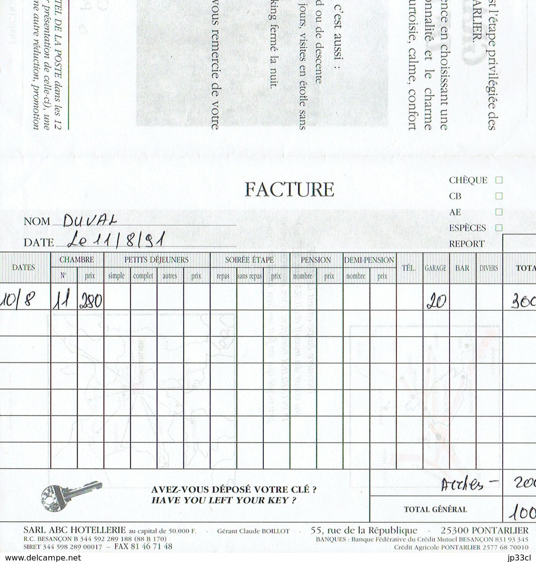 Ancienne Facture Du Grand Hôtel De La Poste (Antonia Et Claude Boillot) Pontarlier (11/8/1991) - Deportes & Turismo