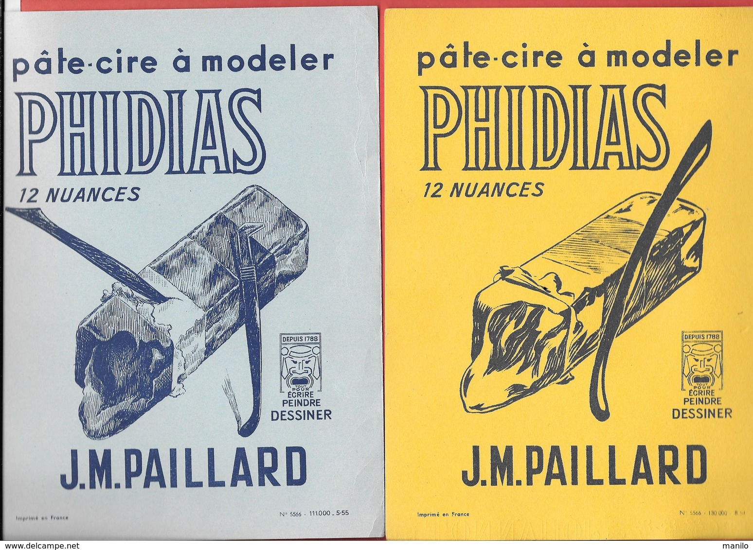 2 Buvards 1954 Et 1955 Illustrés Lithographie - PHIDIAS De J.M. PAILLARD  Pâte-cire à Modeler  12 Nuances - Papierwaren