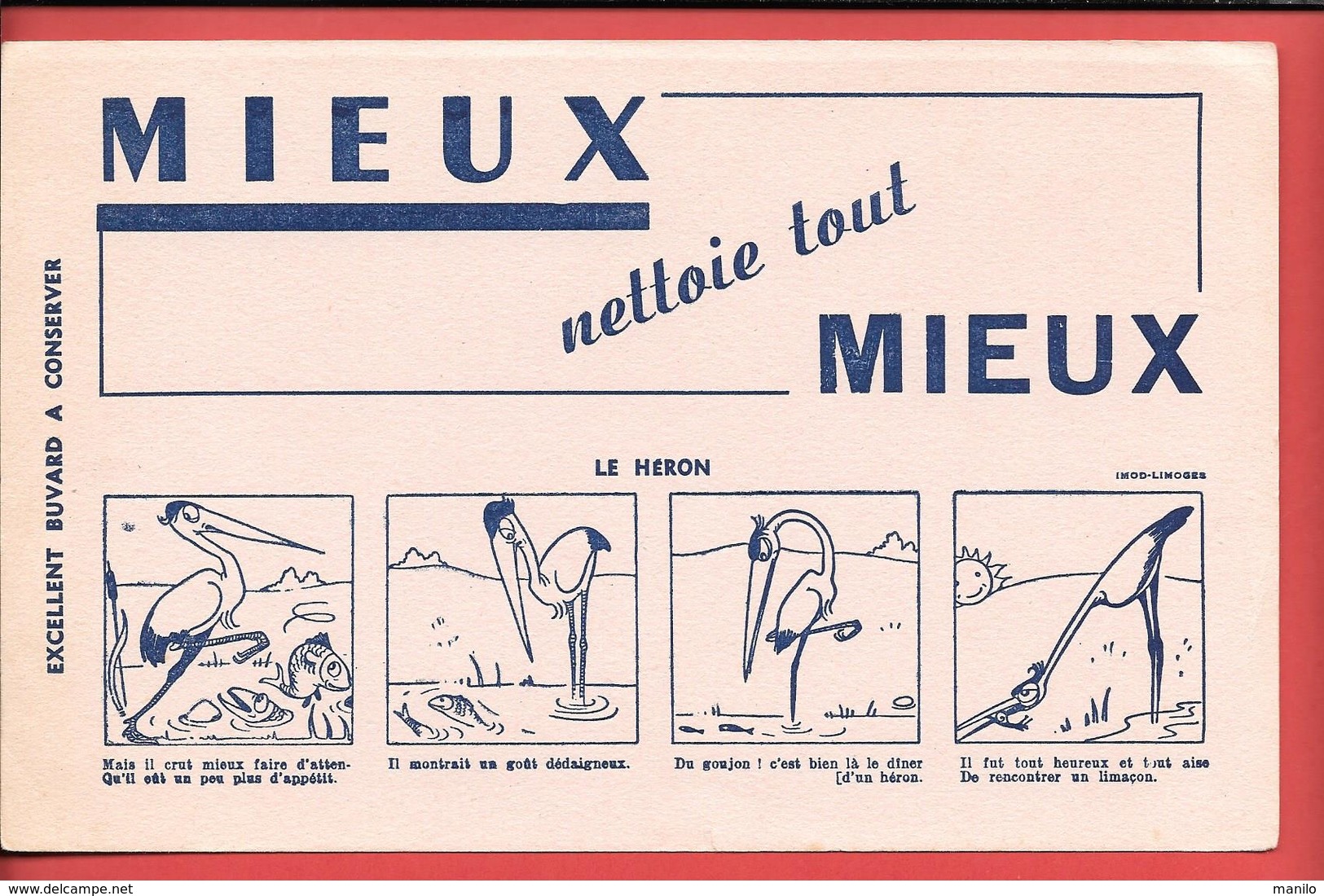 Buvard Ancien Illustré, MIEUX Nettoie MIEUX - IMOD LIMOGES     - FABLE DE LA FONTAINE - LE HERON  '4 Dessins - Limpieza