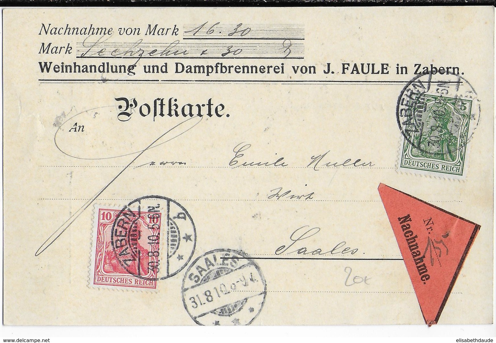 BAS-RHIN - 1910 - CARTE POSTALE CONTRE-REMBOURSEMENT De ZABERN (SAVERNE) => SAALES - Brieven En Documenten