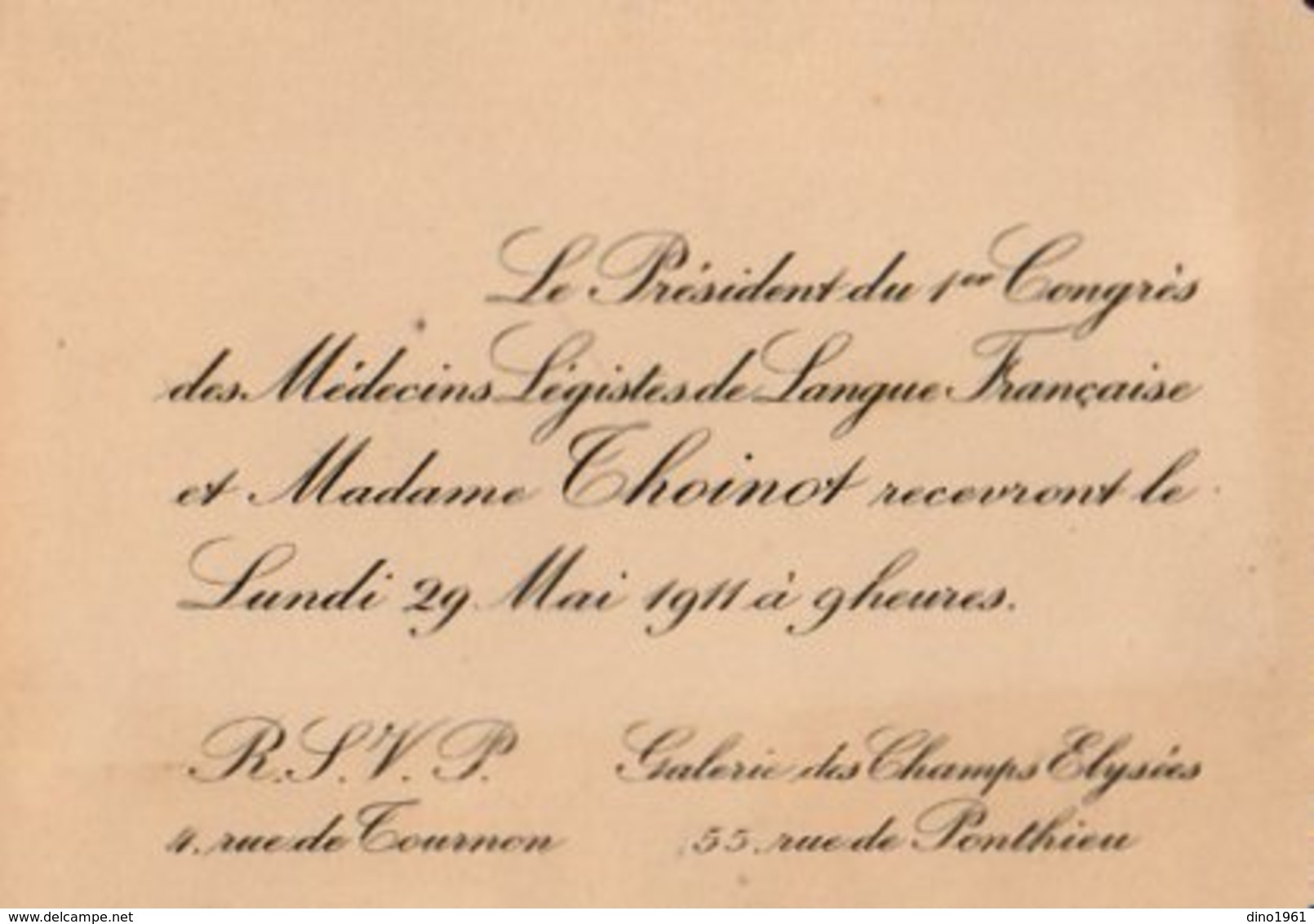 VP12.144 - PARIS 1911- Science - Carte  Carton D'invitation Du Président Du 1er Congrès Des Médecins Légistes L.THOINOT - Sonstige & Ohne Zuordnung