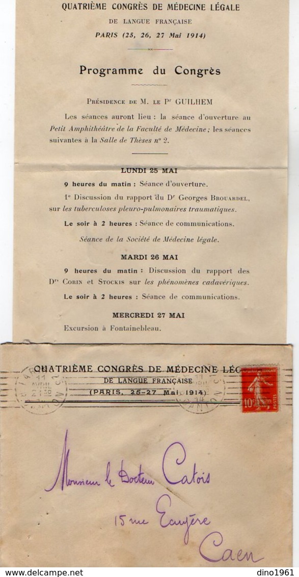 VP12.149 - PARIS 1914 - Science - Enveloppe & Programme Du Quatrième Congrès De Médecine Légale - Programs