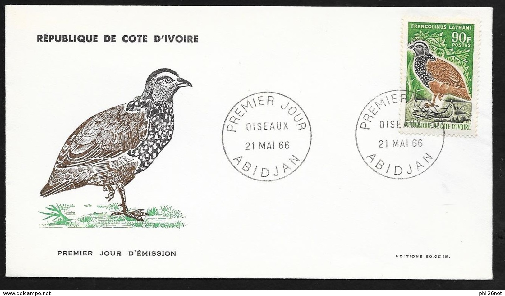 Côte D'Ivoire Lettre Illustrée Premier Jour Abidjan Le 21/05/1966  Le N°252  Poule De Rocher  TB - Gallinacées & Faisans