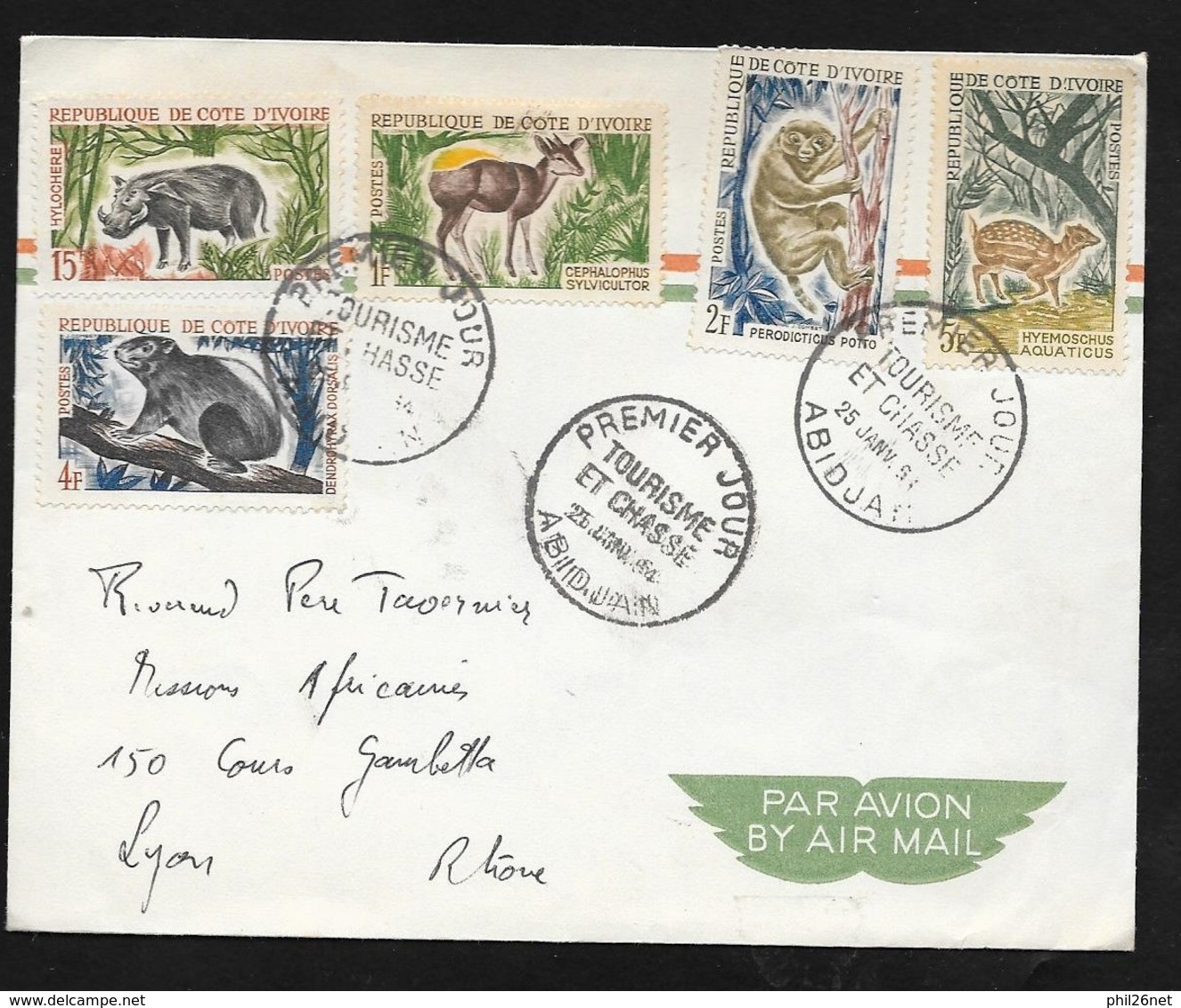 Côte D'Ivoire Lettre Par Avion Premier Jour Abidjan Le 25/1/1964 Pour Lyon Les N°211 à 214 Et 216 Chasse Et Tourisme  TB - Côte D'Ivoire (1960-...)