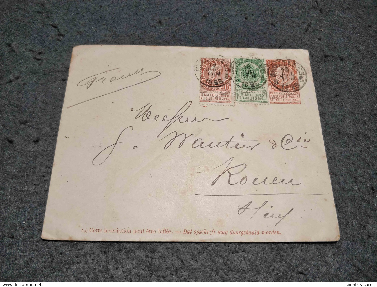 BELGIUM BELGIQUE STATIONERY COVER UPRATED X2 BRUXELLES TO ROUEN FRANCE 1896 - Buste-lettere