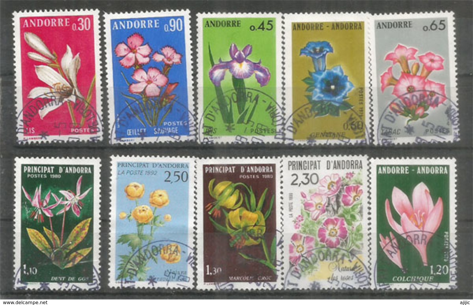 Fleurs Sauvages D'Andorre,  10 Timbres Oblitérés 1 ère Qualité. Côte  à  10.00  € - Gebraucht