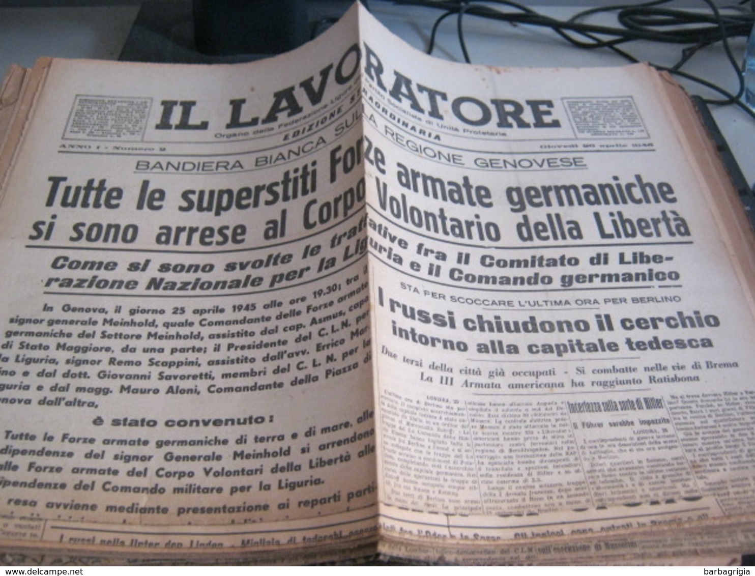 GIORNALE IL LAVORATORE 26 APRILE 1945 - War 1939-45