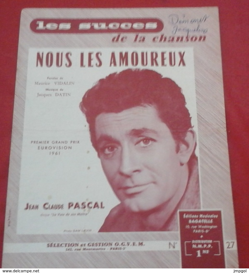 Partition Jean Claude Pascal "Nous Les Amoureux" Grand Prix Eurovision 1961 Maurice Vidalin Jacques Datin - Partitions Musicales Anciennes