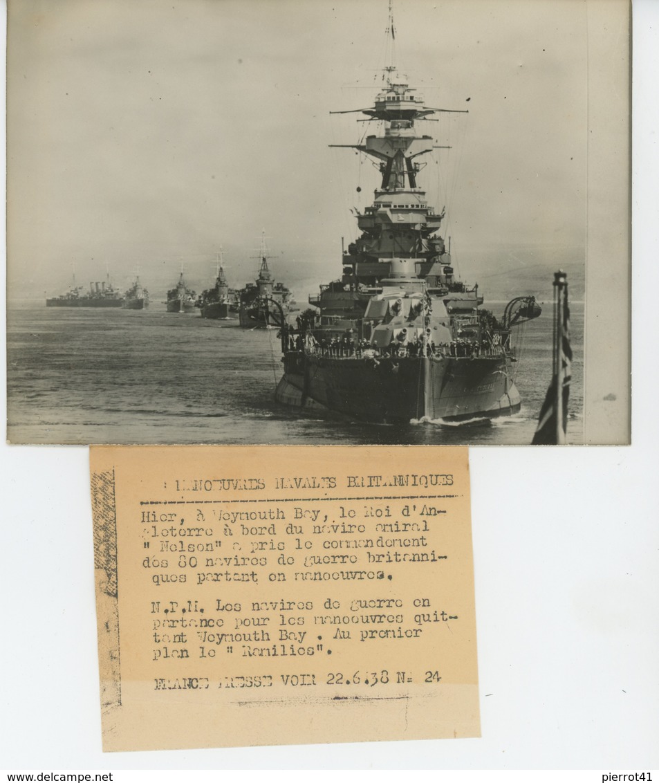 PHOTOS ORIGINALES - BATEAUX - GUERRE - MANOEUVRES DE LA ROYAL NAVY EN 1938 -  LE RAMILLIES  - Cliché FRANCE PRESS - Bateaux