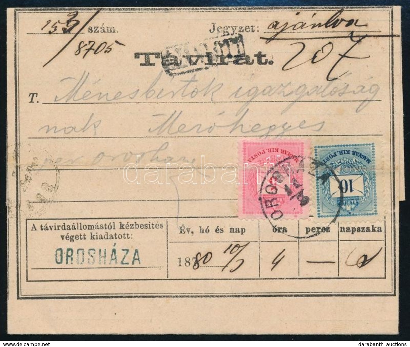 1880 Ménesbirtok Igazgatóságának Ajánlott Távirat El?lapi 10kr + 5kr Bérmentesítéssel (hajtott, Megtört Bélyegek) - Other & Unclassified