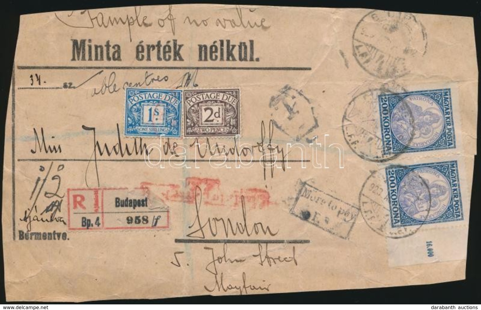 1923 Minta érték Nélkül Ajánlott Csomag El?lap 2 X 200K Budapest - London, Ott Portózott - Other & Unclassified