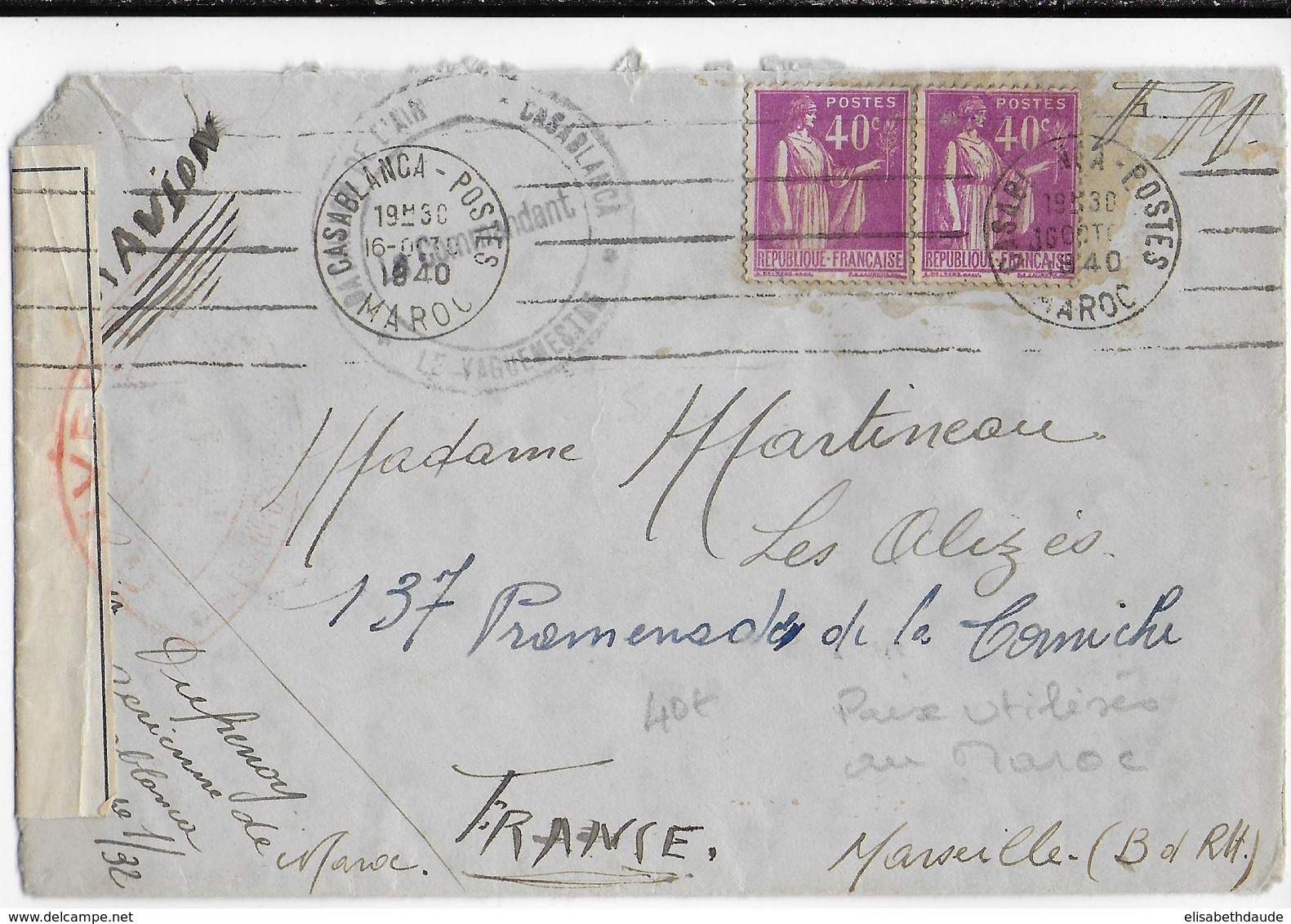 1940 - PAIX RAREMENT UTILISE AU MAROC Sur LETTRE Par AVION De CASABLANCA Avec CENSURE => MARSEILLE - 1921-1960: Modern Period