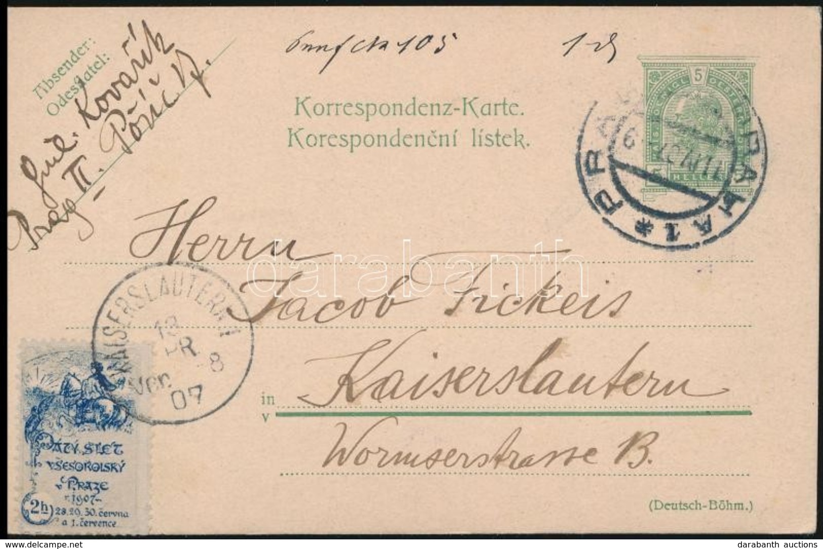 1907 2h Szokol Adománybélyeg Prágából Németországba Küldött Levelez?lapon - Non Classificati
