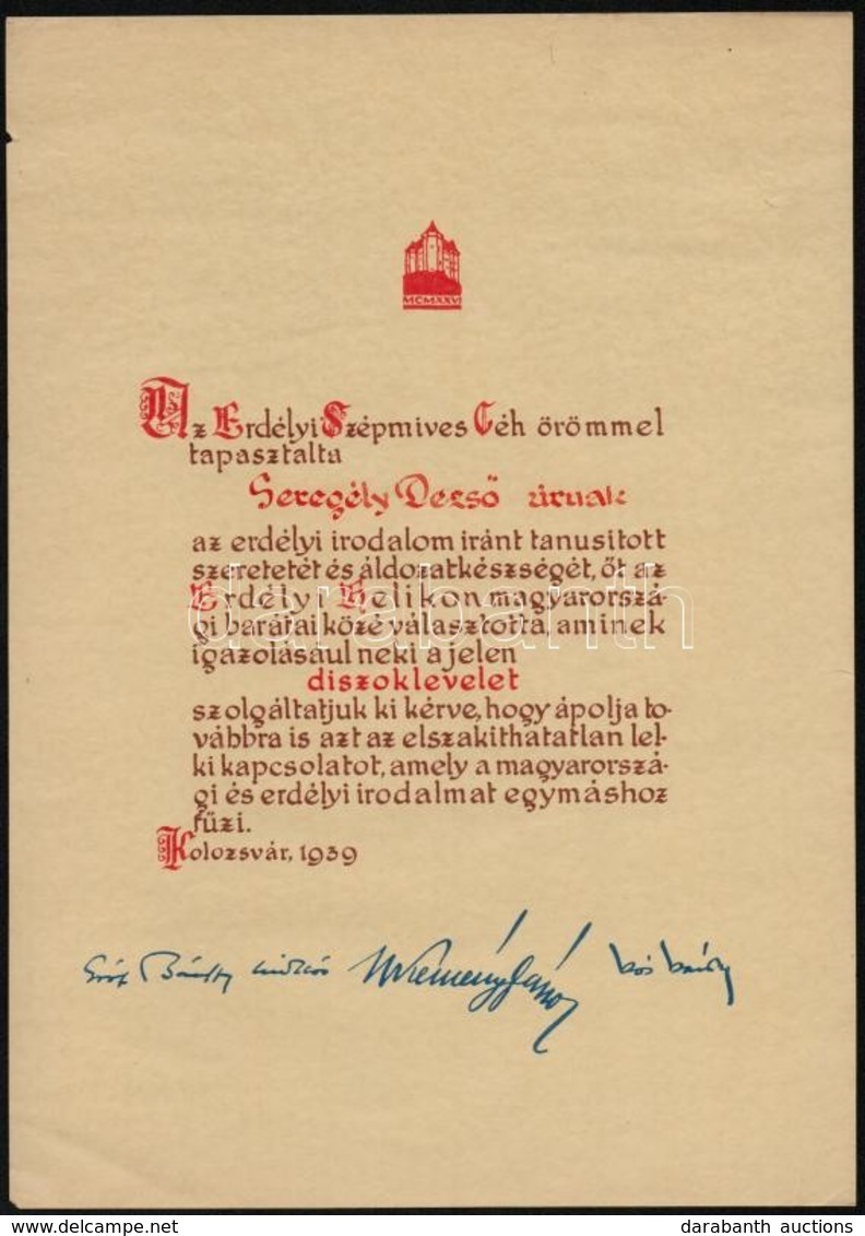 1939 Az Erdélyi Szépmíves Céh Díszes Oklevele Nagyem?kei Seregély Dezs? (1867-1948) Ezredes, Szobrászm?vésznek, Nyomtato - Non Classificati