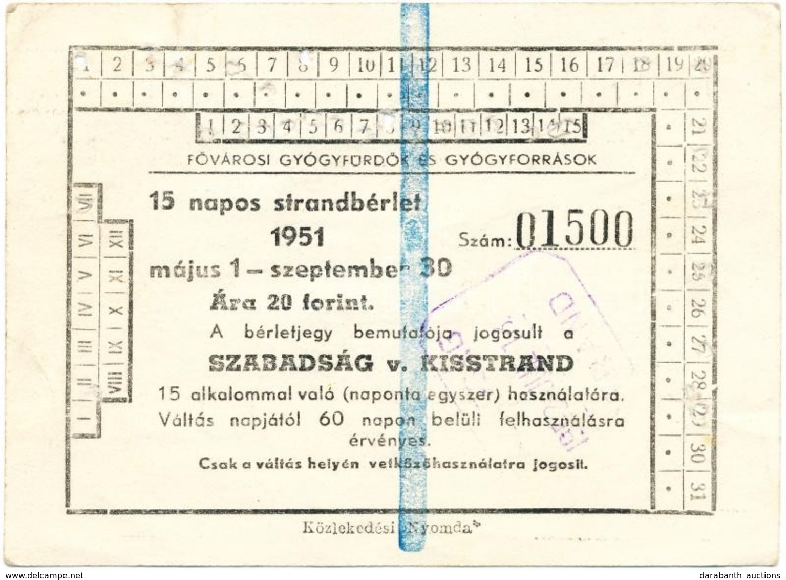 1951 15 Napos Fürd?bérlet A Szabadság Strand Vagy A Kisstrand Használatára - Non Classificati
