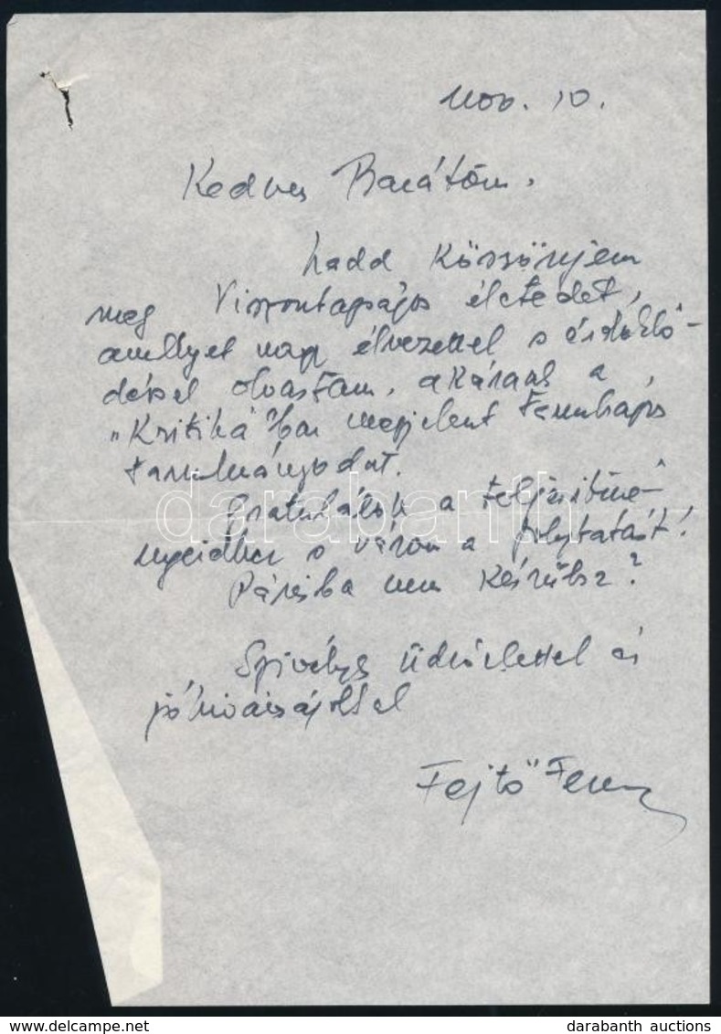 1980 Fejt? Ferenc (1909-2008) író, Kritikus Saját Kézzel írt Levele Vas Zoltán (1903-1983) író, 56-os államminiszter Rés - Non Classés