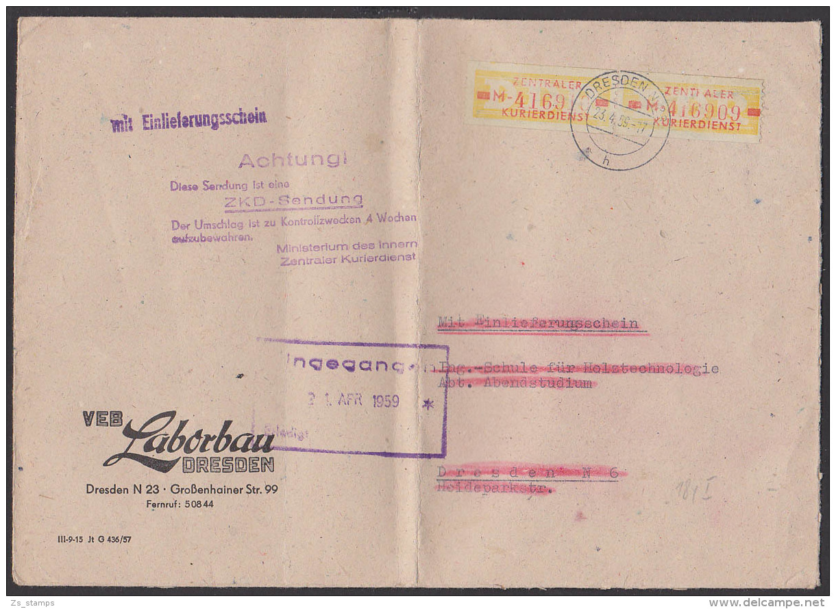 DRESDEN ZKD-Brief B18IM(2) 1959 Ortsdoppel-Brief VEB Laborbau "mit Einlieferungsschein", Bf Gefaltet, Aufbew.-St. - Sonstige & Ohne Zuordnung