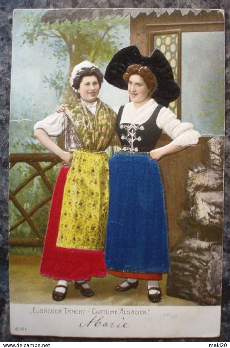 COSTUME ALSACIEN.1904.DOS NON DIVISE.TRES BELLE CARTE EN RELIEFet En TISSU . - Costumi