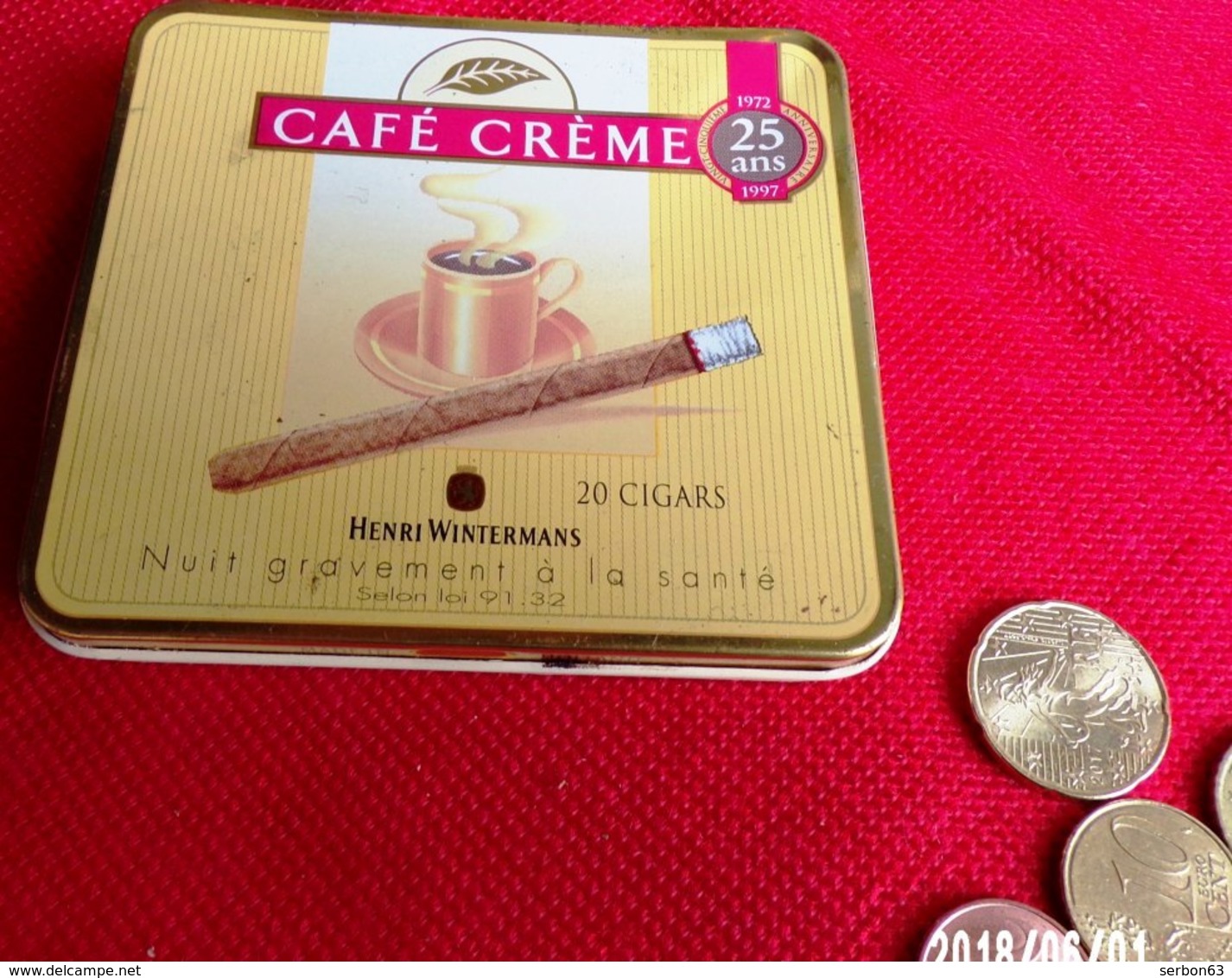 CAFÉ CRÈME 1972/1997 - BOITE MÉTALLIQUE USAGÉE PUBLICITAIRE 20 HENRI WINTERMANS CIGARES VIDE TABAC PUBLICITÉ - Serbon63 - Empty Tobacco Boxes
