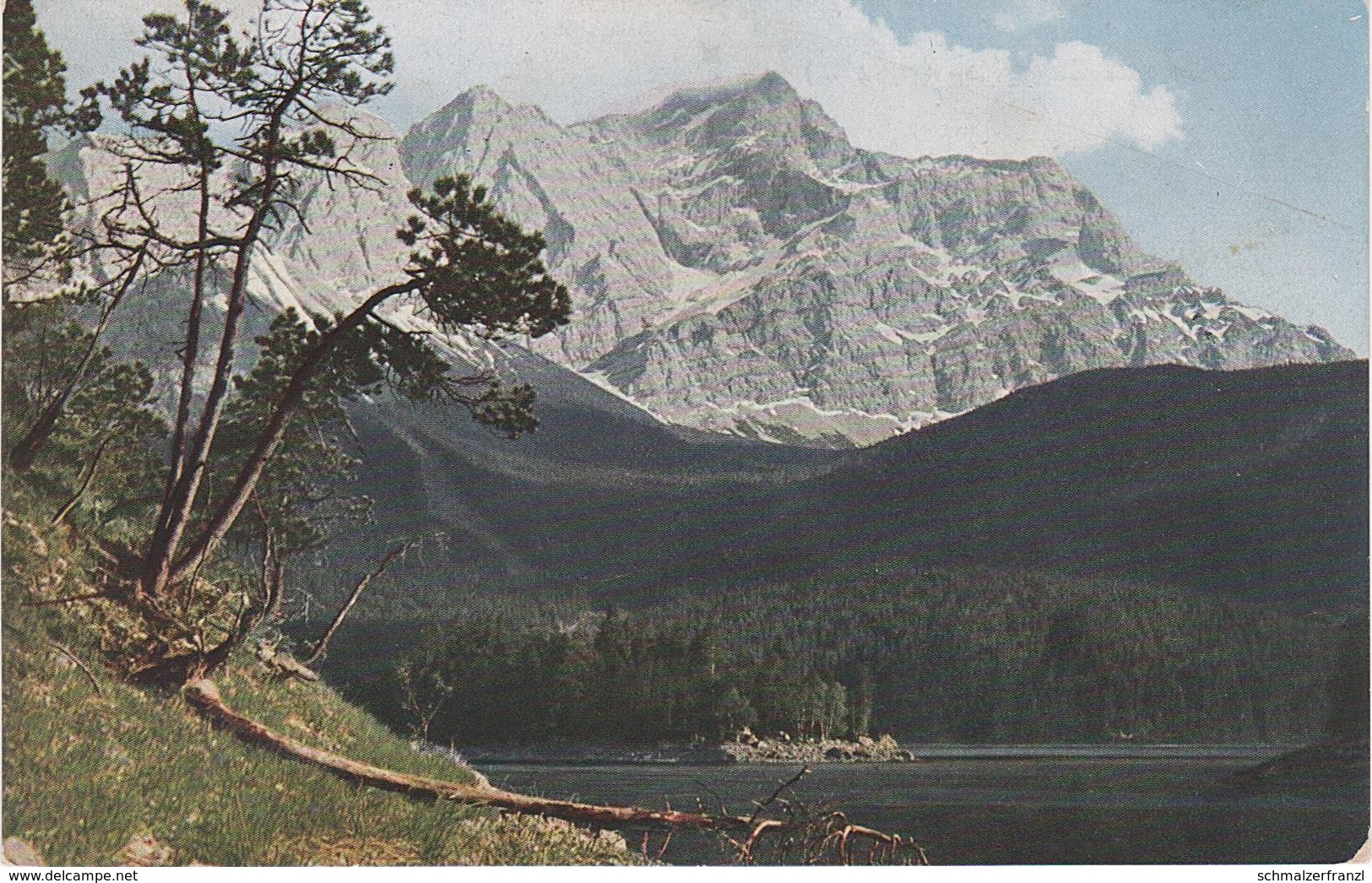 Photochromie AK Eibsee Mit Zugspitze Stempel Hotel Terne Bei Hammersbach Grainau Ehrwald Garmisch Partenkirchen - Zugspitze