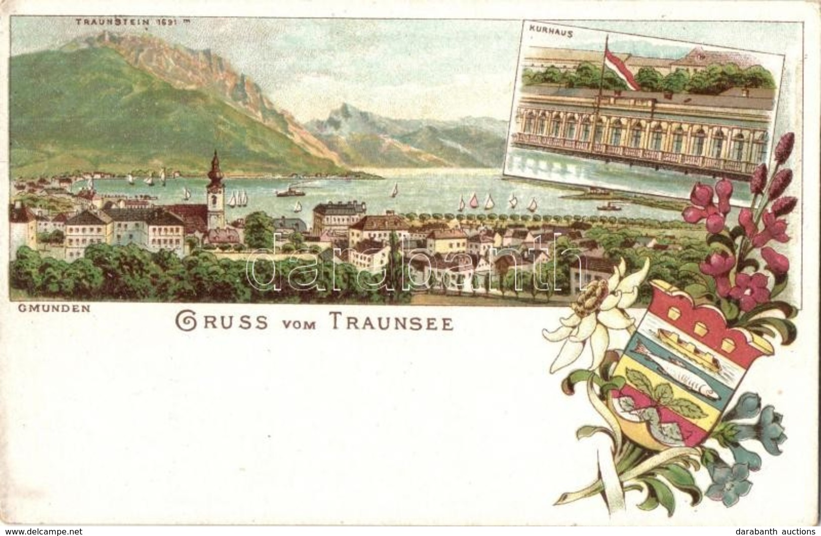 ** T2 Gmunden, Traunstein, Traunsee, Kurhaus. Coat Of Arms, Floral, Litho - Non Classificati
