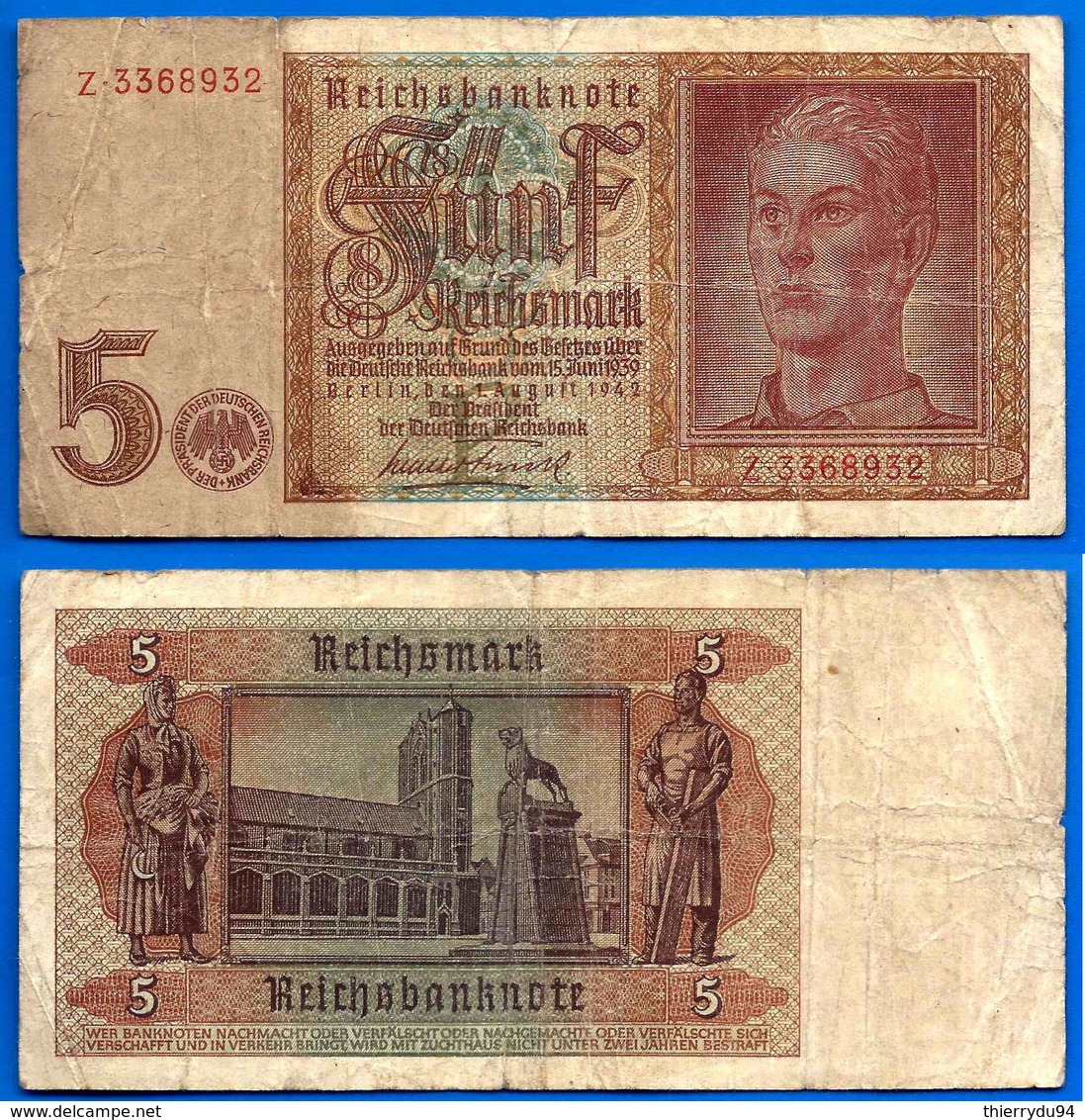 Allemagne 5 Reichsmark 1942 Serie Z Que Prix + Port Marks Reichsbanknote Germany Skrill Paypal Bitcoin - 5 Reichsmark