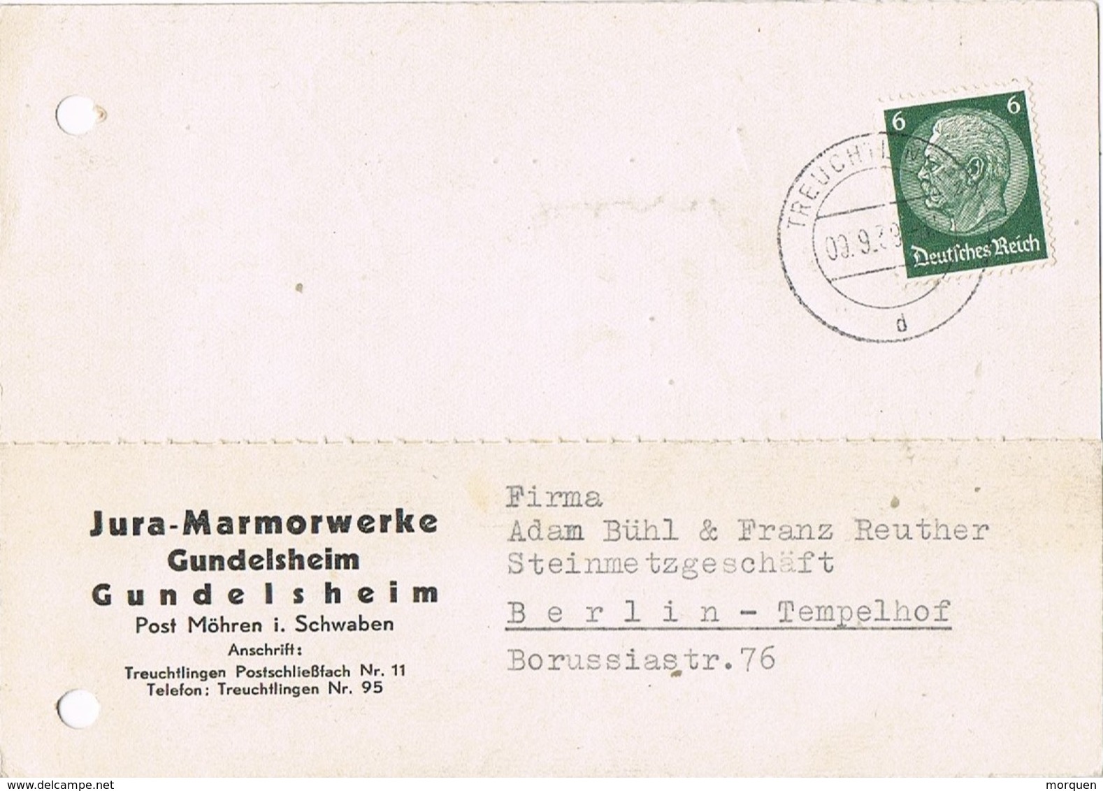 28803. Tarjeta Comercial Privada TREUCHTLINGEN (Alemania Reich) 1939. Marmolista. Marmowerke - Cartas & Documentos