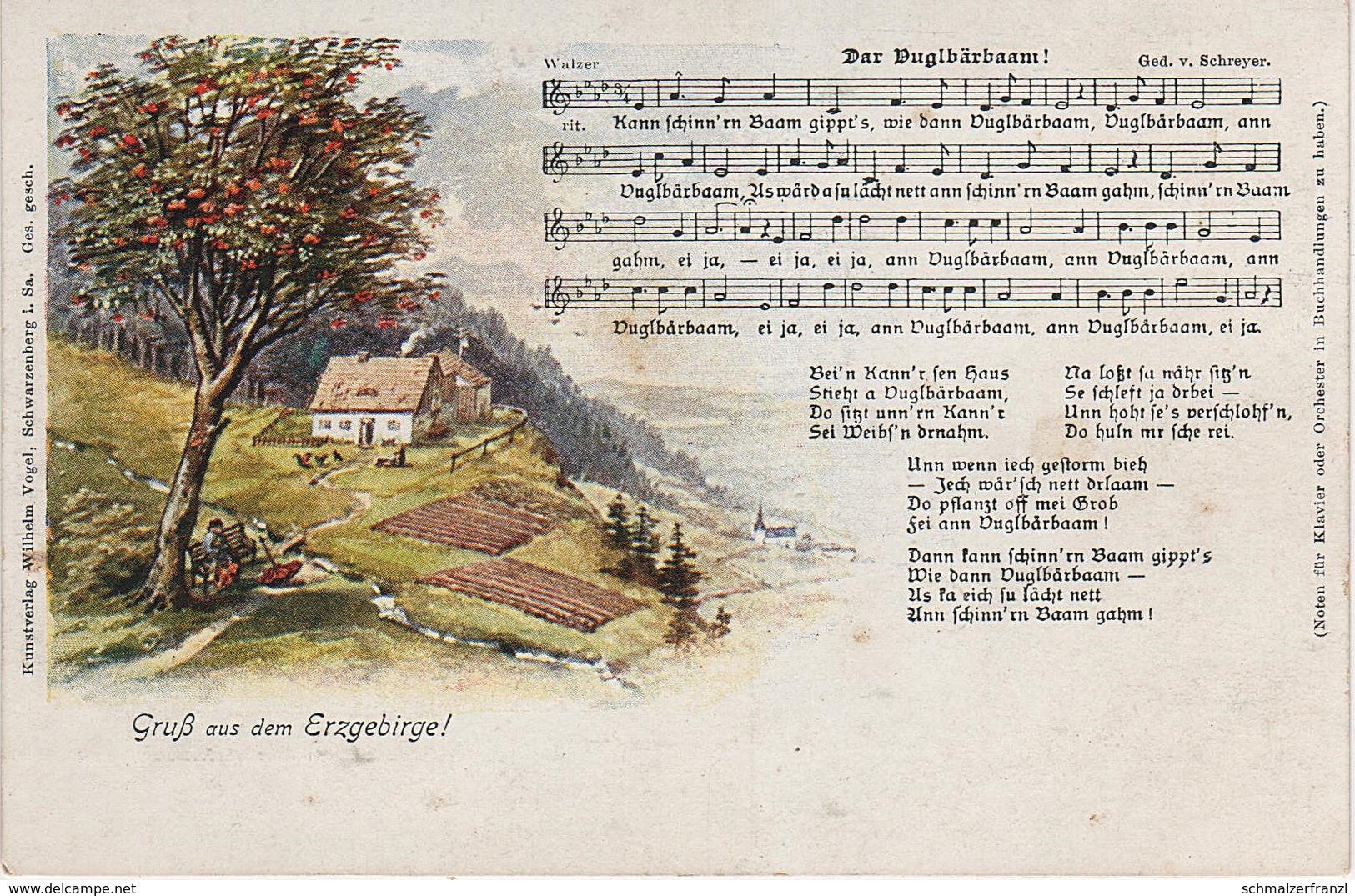 Künstlerkarte Liedkarte AK Gruß Erzgebirge Dar Vuglbärbaam Vogel Schwarzenberg Schreyer Lied Sage Musik Volkstum - Schwarzenberg (Erzgeb.)