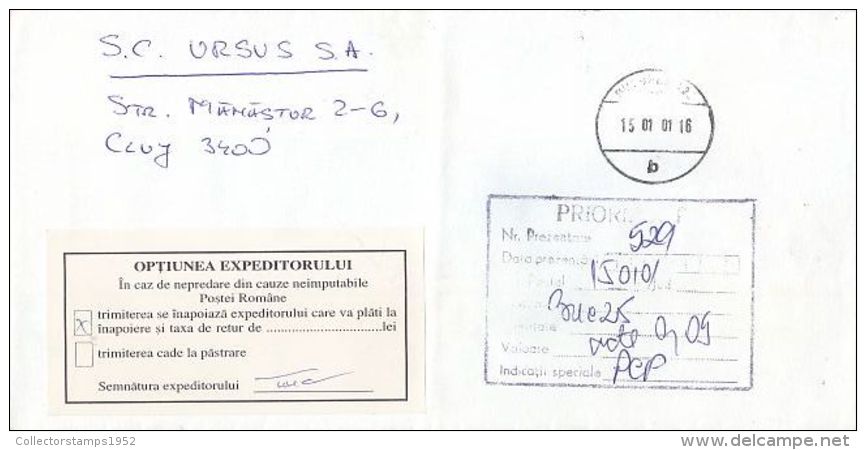 6477FM-  PRIORITY MAIL COVER, COMPANY HEADER, 2001, ROMANIA - Covers & Documents