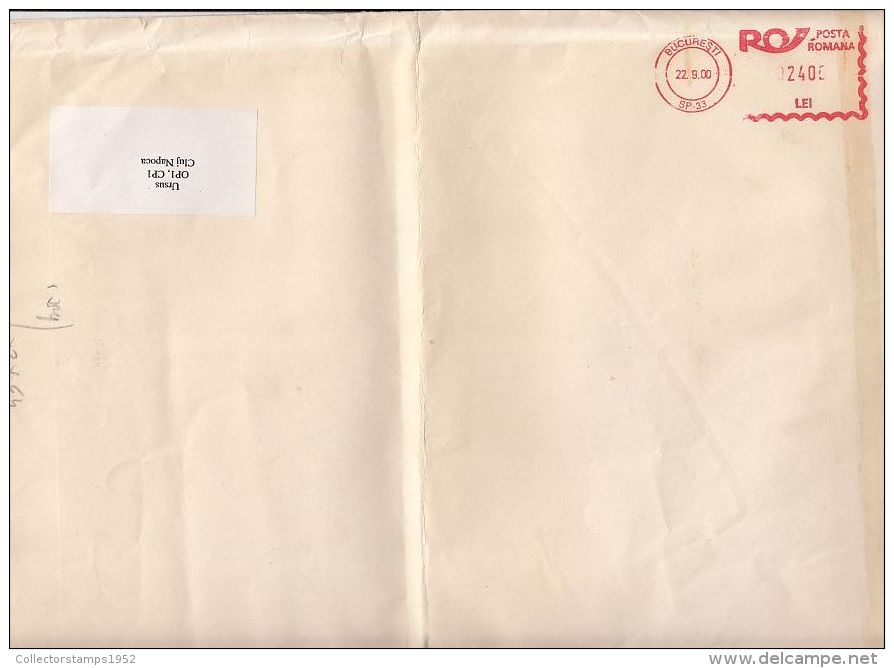 6479FM- AMOUNT 2400, BUCHAREST, RED MACHINE STAMPS ON COVER, 2000, ROMANIA - Brieven En Documenten