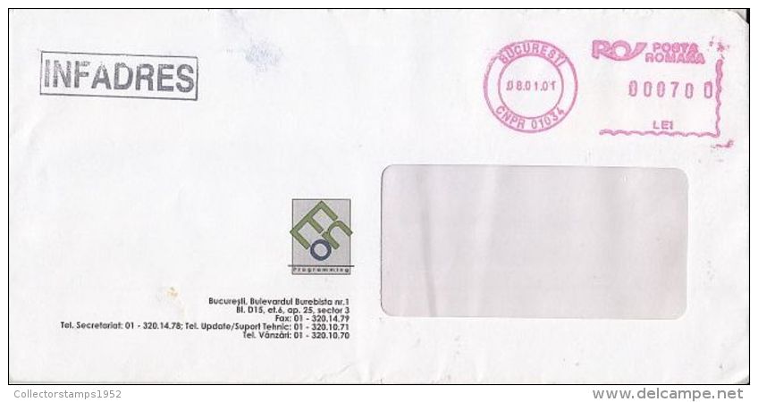 6482FM- AMOUNT 700, BUCHAREST, RED MACHINE STAMPS ON COVER, COMPANY HEADER, 2001, ROMANIA - Cartas & Documentos