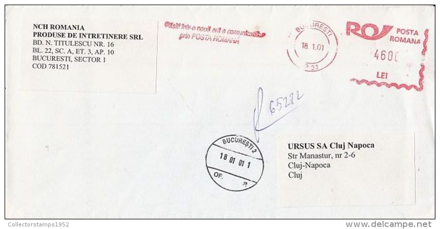 6486FM- AMOUNT 4600, BUCHAREST, RED MACHINE STAMPS ON REGISTERED COVER, COMPANY HEADER, 2001, ROMANIA - Covers & Documents