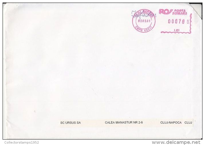 6489FM- AMOUNT 700, CLUJ NAPOCA, RED MACHINE STAMPS ON COVER, 2001, ROMANIA - Cartas & Documentos