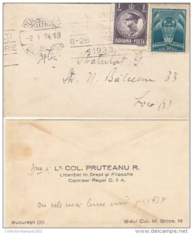 71433- AVIATION, KING CHARLES 2ND, STAMPS ON LILIPUT COVER AND BUSINESS CARD, RAILWAY STATION STAMP, 1934, ROMANIA - Storia Postale