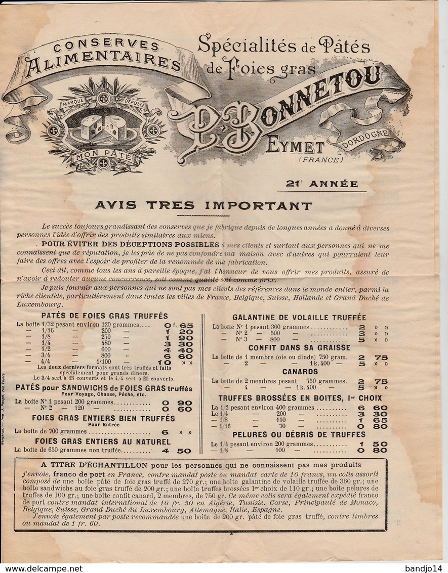 Eymet  -1910 -   Catalogue Conserves  Alimentaires De  Foies Gras  P BONNETOU - Alimentos