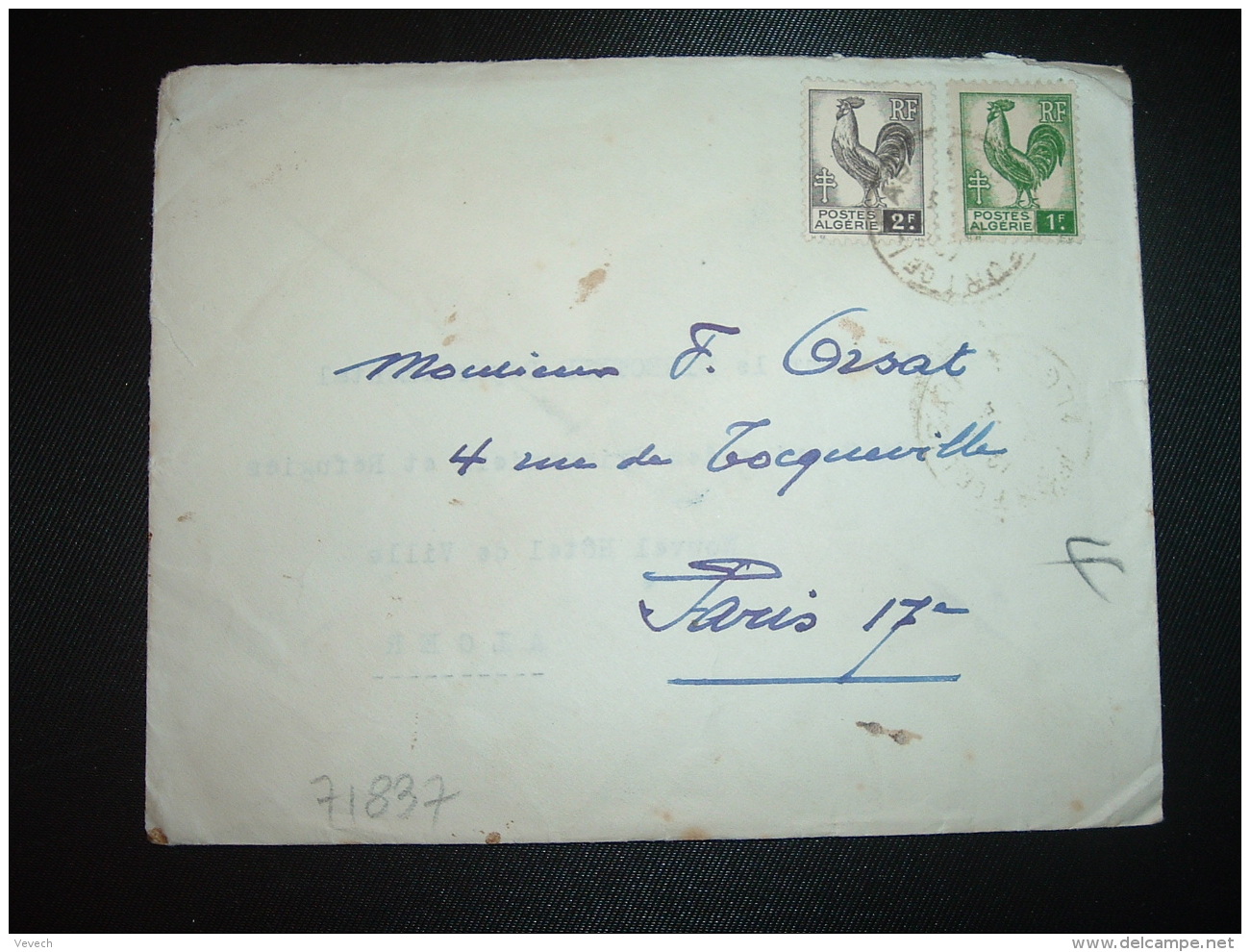 LETTRE TP COQ D'ALGER 2F + 1F OBL. FORT DE L'EAU - 1944 Hahn Und Marianne D'Alger